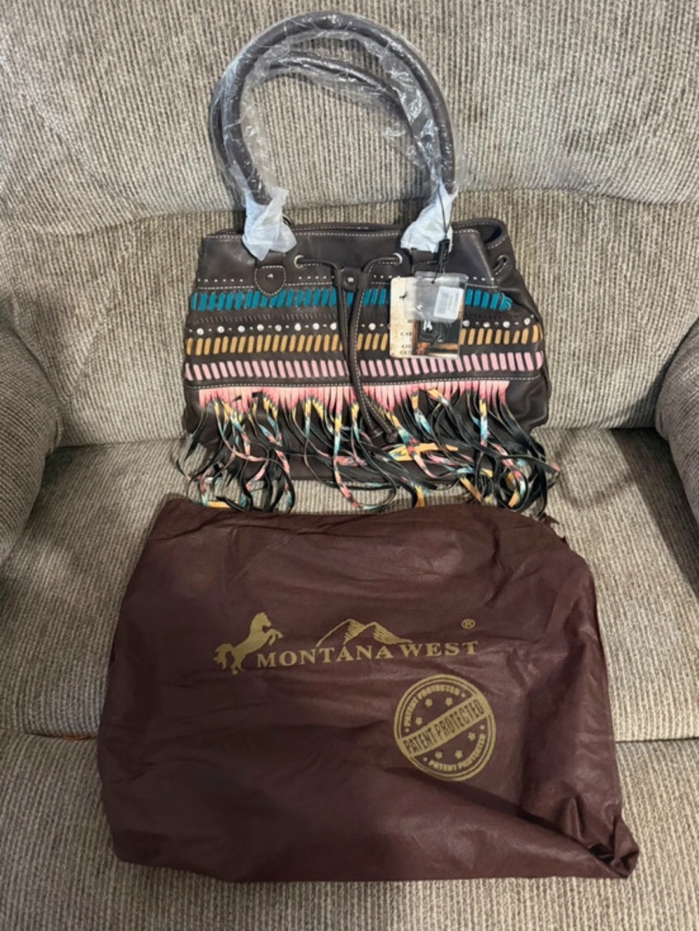 Montana West Brown Shoulder Bag with Multicolor Woven Stripes & Fringe